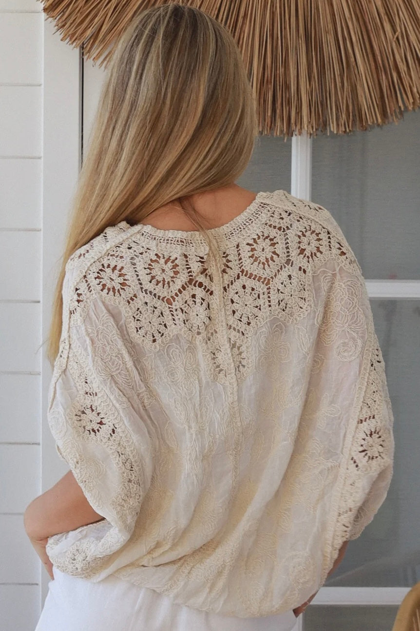 Melrose cream embroidered cotton crochet top by Willow the Label with floral embroidery and statement crochet back