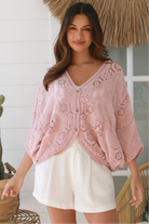Embroidered cotton crochet boho top with half sleeves and button-front oversized fit - Bohemian Love Runway Australia.