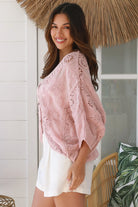 Embroidered cotton crochet boho top with half sleeves and button-front oversized fit - Bohemian Love Runway Australia.