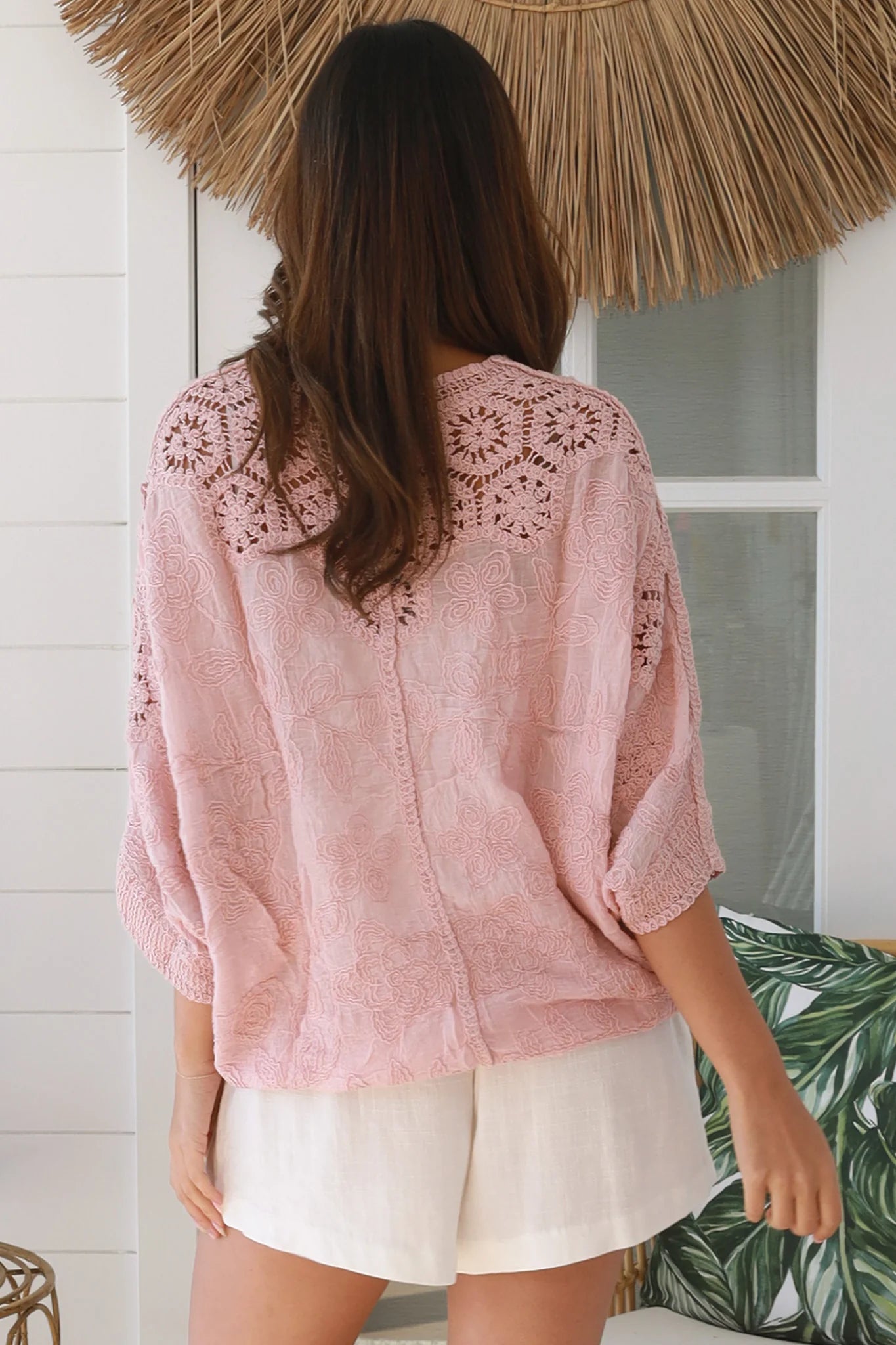 Embroidered cotton crochet boho top with half sleeves and button-front oversized fit - Bohemian Love Runway Australia.