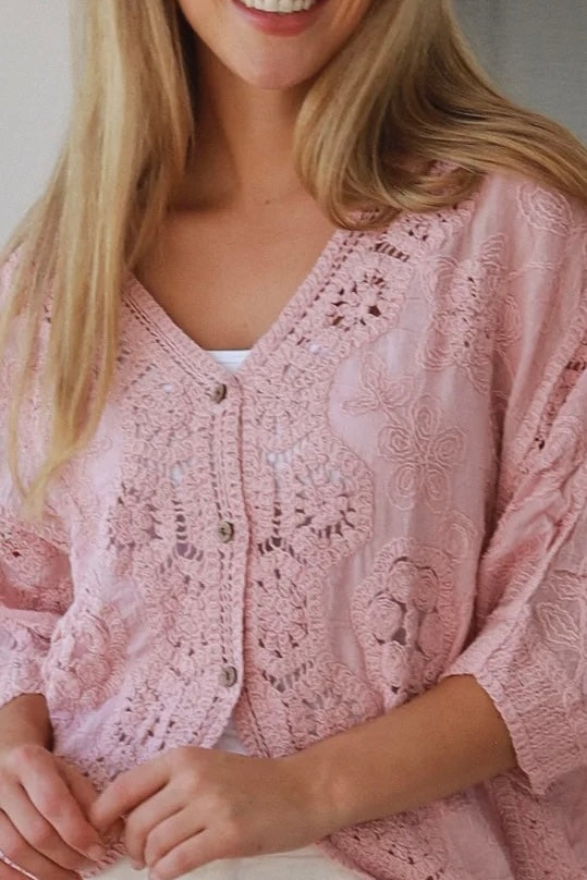 Embroidered cotton crochet boho top with half sleeves and button-front oversized fit - Bohemian Love Runway Australia.