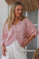 Embroidered cotton crochet boho top with half sleeves and button-front oversized fit - Bohemian Love Runway Australia.
