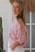Embroidered cotton crochet boho top with half sleeves and button-front oversized fit - Bohemian Love Runway Australia.