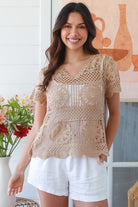Coco boho crochet top in warm neutral cotton — vintage lace design, breathable summer style — Boho Crochet Australia.