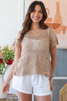 Coco boho crochet top in warm neutral cotton — vintage lace design, breathable summer style — Boho Crochet Australia.