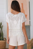 White embroidered cotton crochet top with round neck and scalloped  lace trim - boho style Australia.