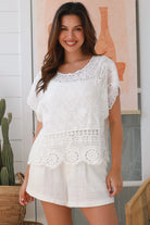 White embroidered cotton crochet top with round neck and scalloped  lace trim - boho style Australia.