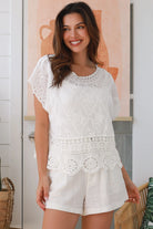 White embroidered cotton crochet top with round neck and scalloped  lace trim - boho style Australia.