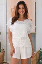 White embroidered cotton crochet top with round neck and scalloped  lace trim - boho style Australia.