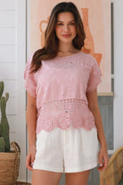 Pink embroidered cotton crochet top with round neck and scalloped lace hem – boho fashion Australia.
