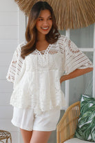 Olivia white crochet top in 100% cotton with wide sleeves and scalloped hem - Boho tops Australia | Bohemian Love Runway 