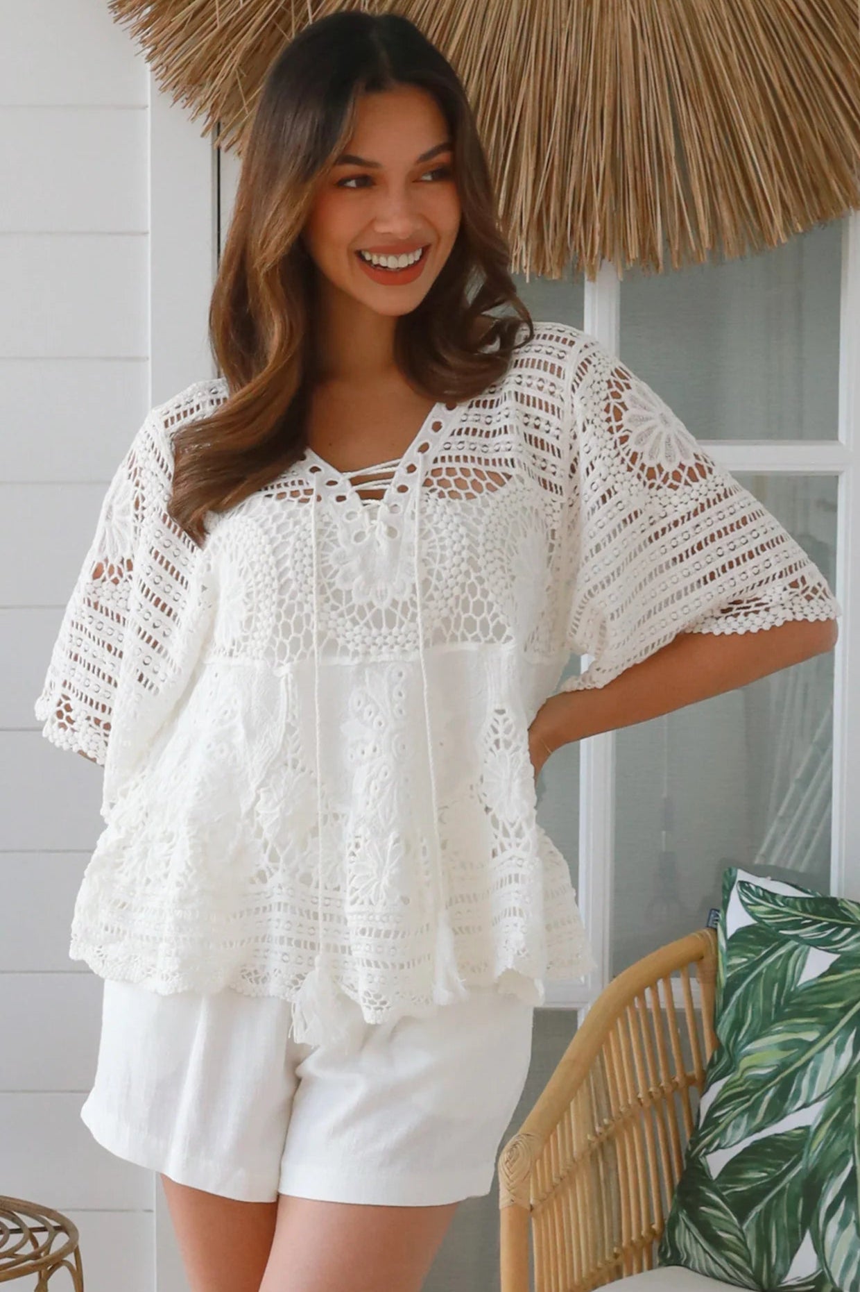 Olivia white crochet top in 100% cotton with wide sleeves and scalloped hem - Boho tops Australia | Bohemian Love Runway 