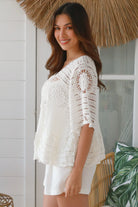 Olivia white crochet top in 100% cotton with wide sleeves and scalloped hem - Boho tops Australia | Bohemian Love Runway 