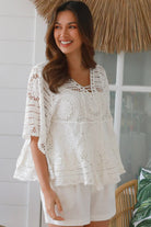 Olivia white crochet top in 100% cotton with wide sleeves and scalloped hem - Boho tops Australia | Bohemian Love Runway 