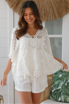Olivia white crochet top in 100% cotton with wide sleeves and scalloped hem - Boho tops Australia | Bohemian Love Runway 