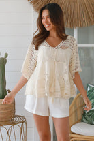 Cream cotton crochet lace boho top with lace-up neckline wide sleeves one size AU 8 to 14 Australia