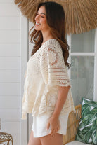 Cream cotton crochet lace boho top with lace-up neckline wide sleeves one size AU 8 to 14 Australia
