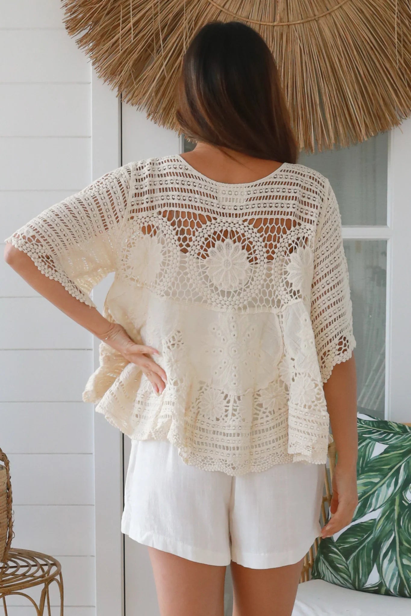 Cream cotton crochet lace boho top with lace-up neckline wide sleeves one size AU 8 to 14 Australia