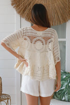 Cream cotton crochet lace boho top with lace-up neckline wide sleeves one size AU 8 to 14 Australia