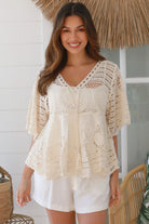 Cream cotton crochet lace boho top with lace-up neckline wide sleeves one size AU 8 to 14 Australia