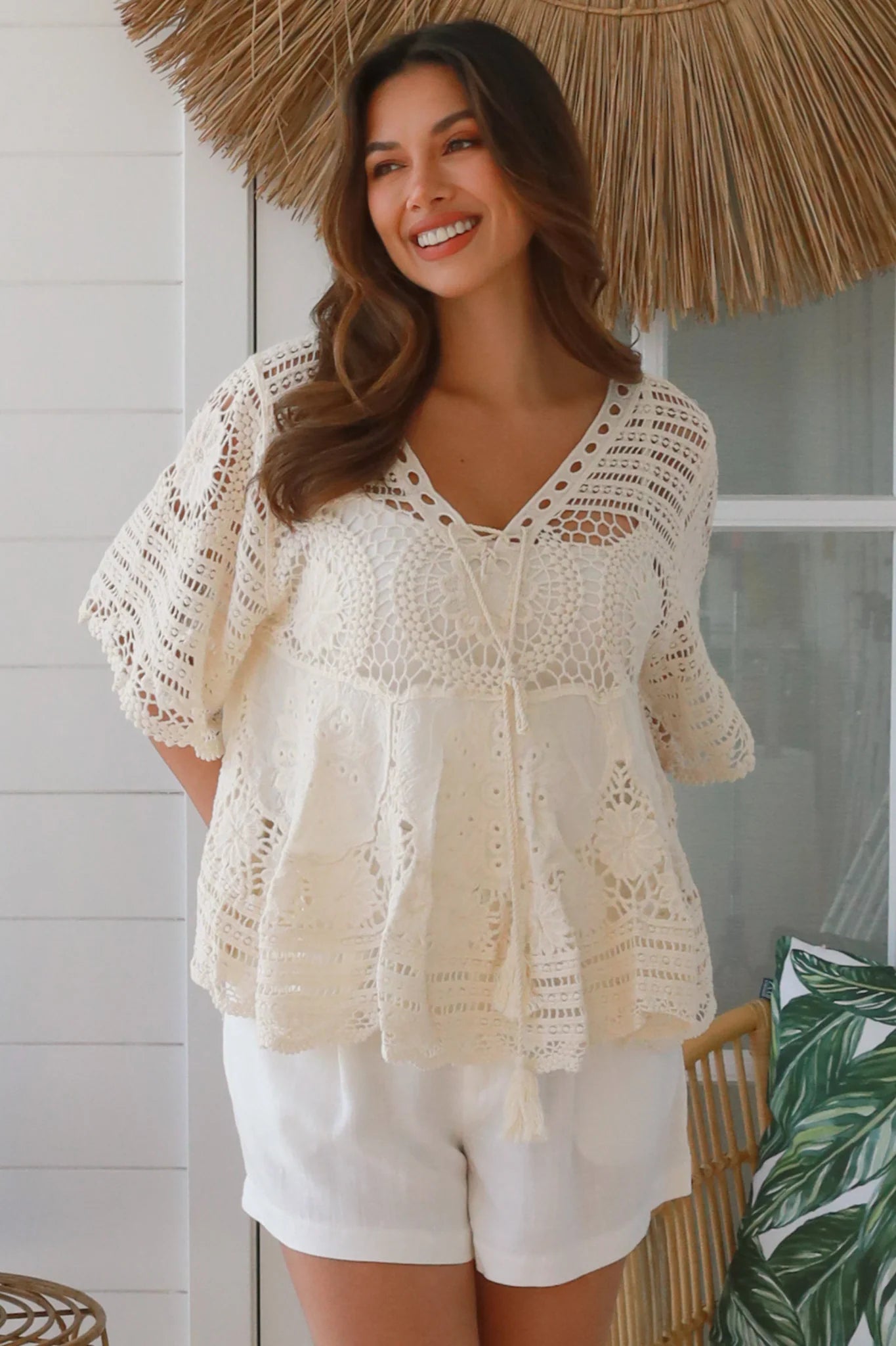 Cream cotton crochet lace boho top with lace-up neckline wide sleeves one size AU 8 to 14 Australia