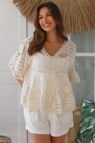 Cream cotton crochet lace boho top with lace-up neckline wide sleeves one size AU 8 to 14 Australia