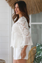 White cotton crochet boho top with scalloped edges, honeycomb crochet, flare three-quarter sleeves - Willow Top Australia