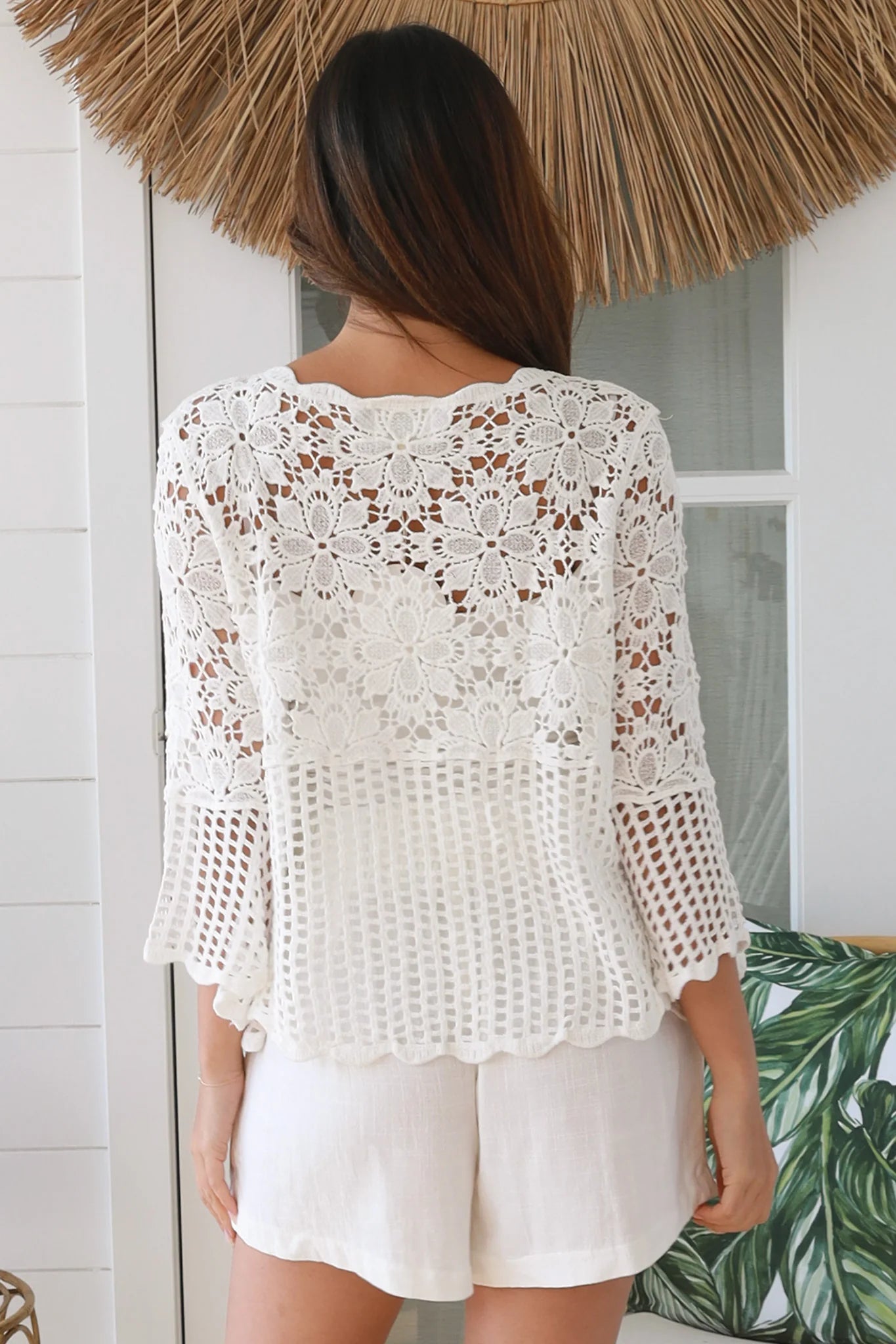 White cotton crochet boho top with scalloped edges, honeycomb crochet, flare three-quarter sleeves - Willow Top Australia