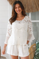 White cotton crochet boho top with scalloped edges, honeycomb crochet, flare three-quarter sleeves - Willow Top Australia