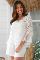White cotton crochet boho top with scalloped edges, honeycomb crochet, flare three-quarter sleeves - Willow Top Australia