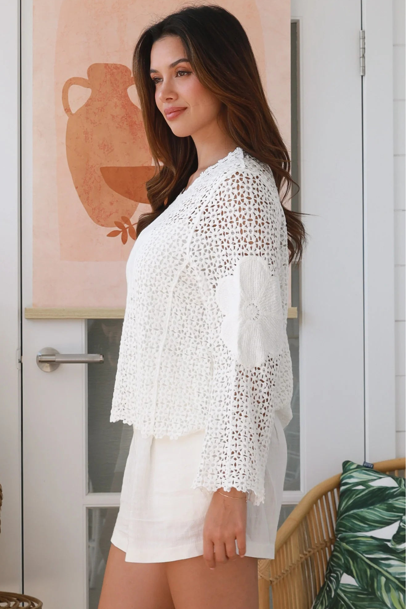 Boho white cotton crochet flare sleeve top with scalloped neckline and bell sleeves - long sleeve crochet top Australia