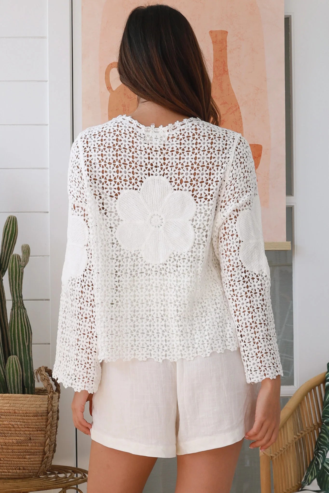 Boho white cotton crochet flare sleeve top with scalloped neckline and bell sleeves - long sleeve crochet top Australia