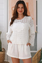 White cotton crochet long sleeve top with floral motif and flare bell sleeves - boho crochet cotton top Australia