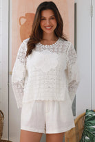 White cotton crochet long sleeve top with floral motif and flare bell sleeves - boho crochet cotton top Australia