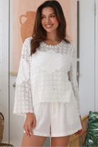 Boho white cotton crochet flare sleeve top with scalloped neckline and bell sleeves - long sleeve crochet top Australia