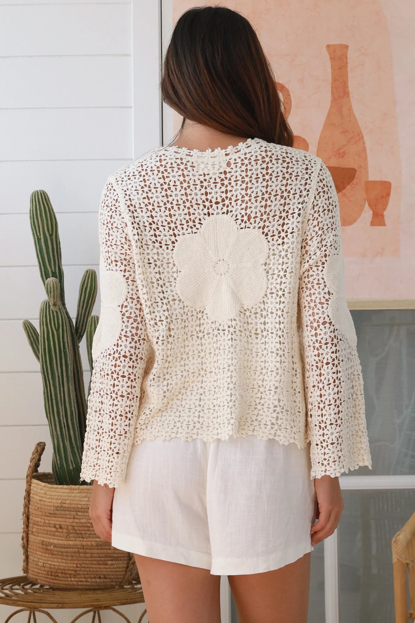 Cream cotton crochet long sleeve boho top with bell sleeves and scalloped daisy neckline Australia