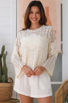 Cream cotton crochet long sleeve boho top with bell sleeves and scalloped daisy neckline Australia