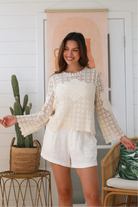 Cream cotton crochet long sleeve boho top with bell sleeves and scalloped daisy neckline Australia