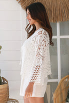 Serenata Crochet Jacket white 100% cotton with intricate crochet cotton lacework, tie front closure and wide sleeves - boho jacket Australia