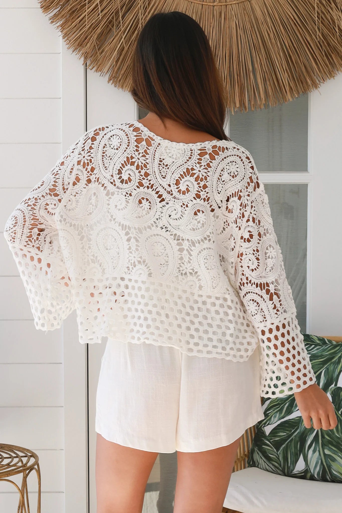 Serenata Crochet Jacket white 100% cotton with intricate crochet cotton lacework, tie front closure and wide sleeves - boho jacket Australia