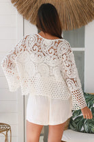 Serenata Crochet Jacket white 100% cotton with intricate crochet cotton lacework, tie front closure and wide sleeves - boho jacket Australia