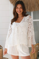 Serenata Crochet Jacket white 100% cotton with intricate crochet cotton lacework, tie front closure and wide sleeves - boho jacket Australia