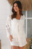 Serenata Crochet Jacket white 100% cotton with intricate crochet cotton lacework, tie front closure and wide sleeves - boho jacket Australia