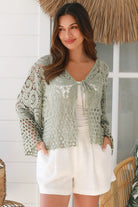 Sage green boho crochet jacket with paisley floral design and honeycomb lace hem - one size AU 8-14