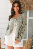 Sage green boho crochet jacket with paisley floral design and honeycomb lace hem - one size AU 8-14