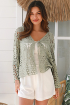 Sage green boho crochet jacket with paisley floral design and honeycomb lace hem - one size AU 8-14