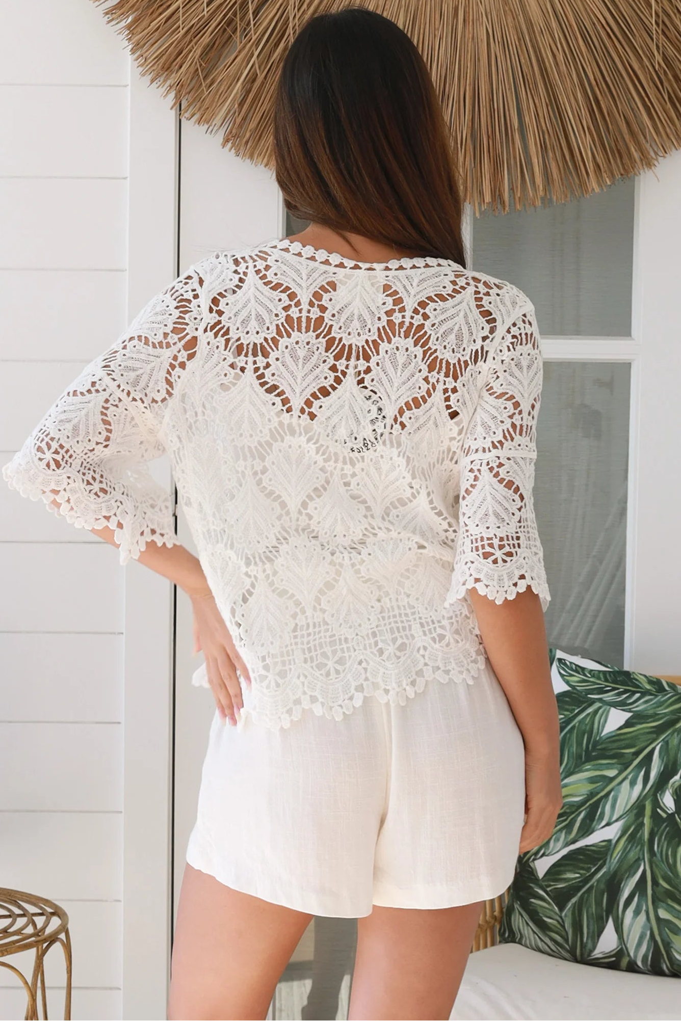 White cotton crochet cardigan with front tie and scalloped edges – boho style Australia