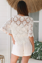 White cotton crochet cardigan with front tie and scalloped edges – boho style Australia