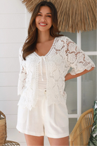 White cotton crochet cardigan with front tie and scalloped edges – boho style Australia