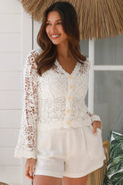 Lucia Crochet Cotton Jacket - white floral crochet with v-neck, button-through front, scalloped edges and flared sleeves - boho style.